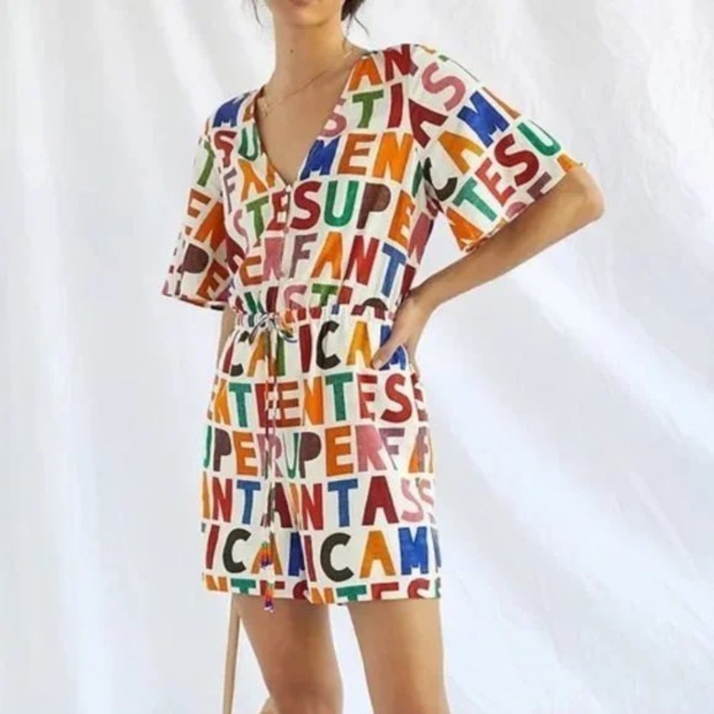 Farm Rio for Anthropologie Typographic Print Linen Blend Romper Multi Color S